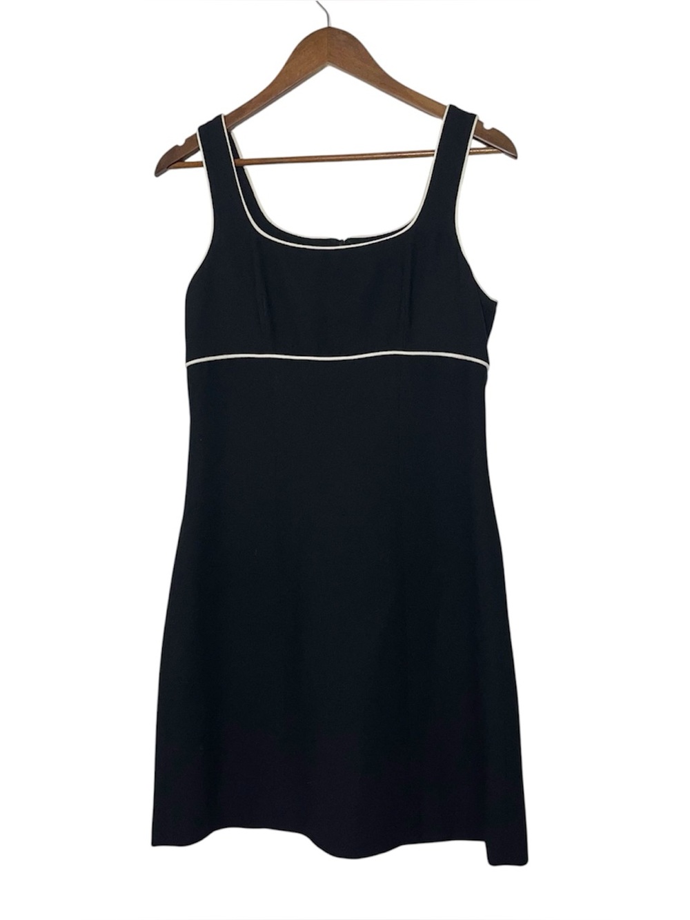Bebe Vintage 90s Y2K Black Mini Dress White Piping Trim Mod Shift Sleeveless 10